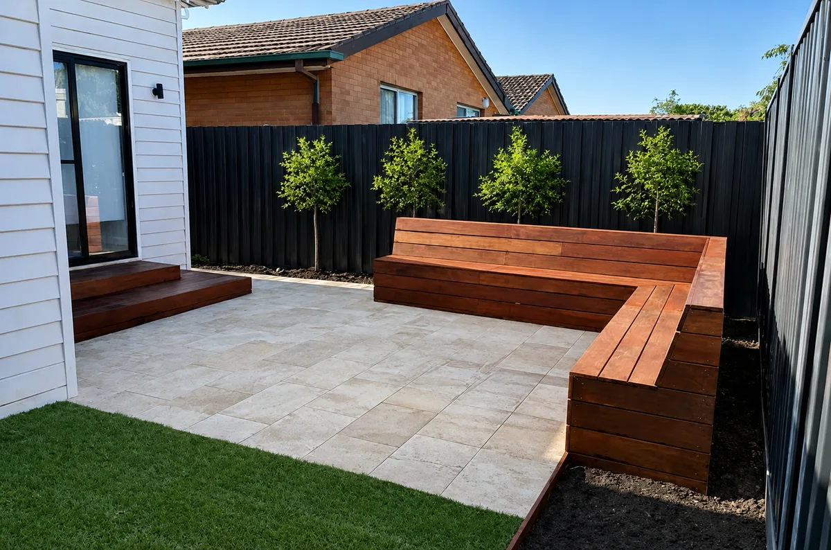 Custom L-shaped spotted gum bench seating with large format travertine paving, Kingsville Melbourne