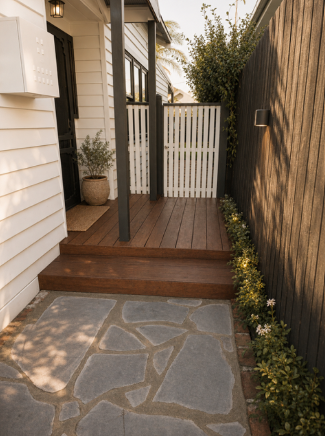 Crazy paving front entrance path with timber deck, black posts, white gate and wall lighting, West Footscray
