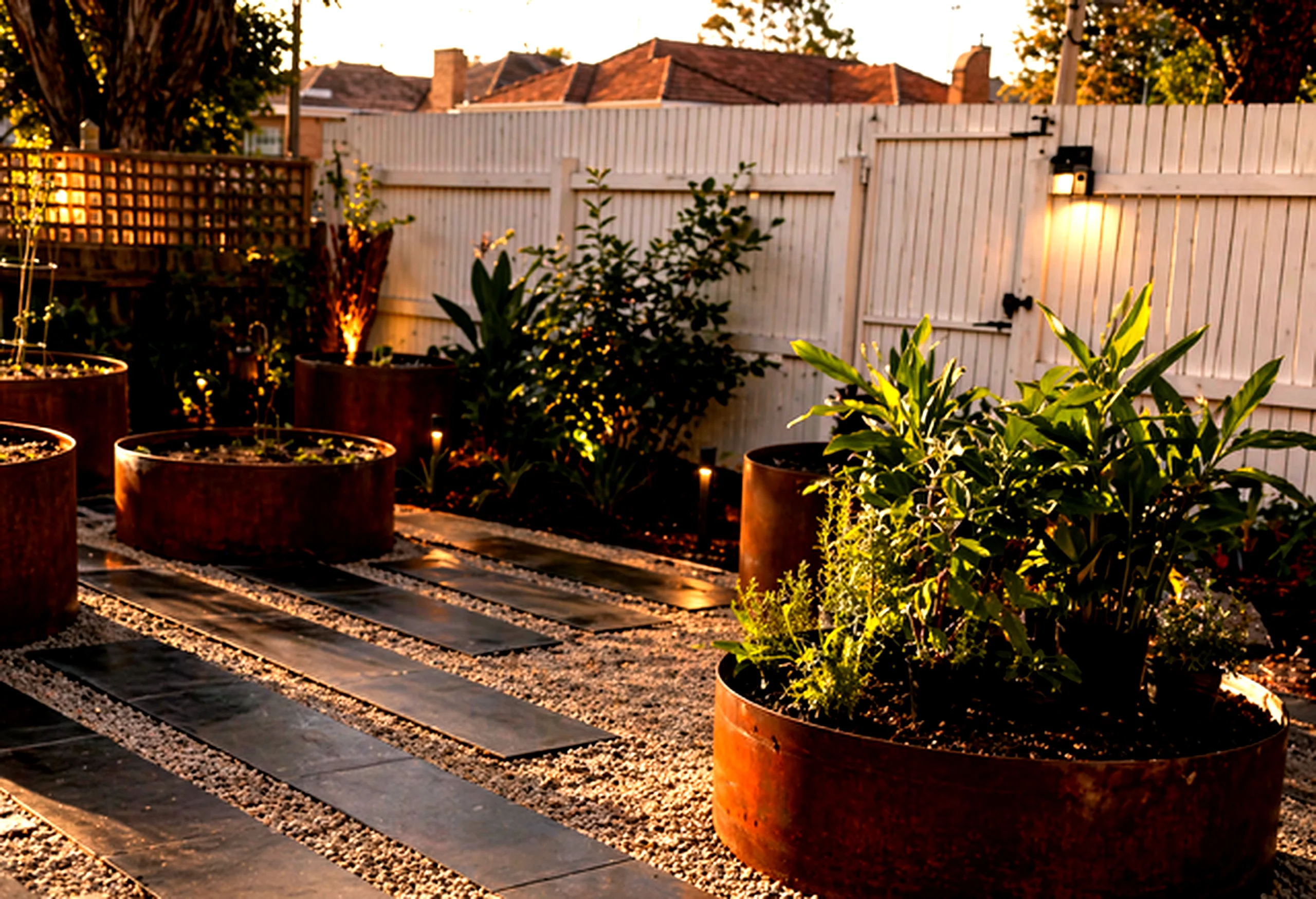 Formboss steel ring raised garden beds with bluestone steppers and compacted gravel pathway, Yarraville