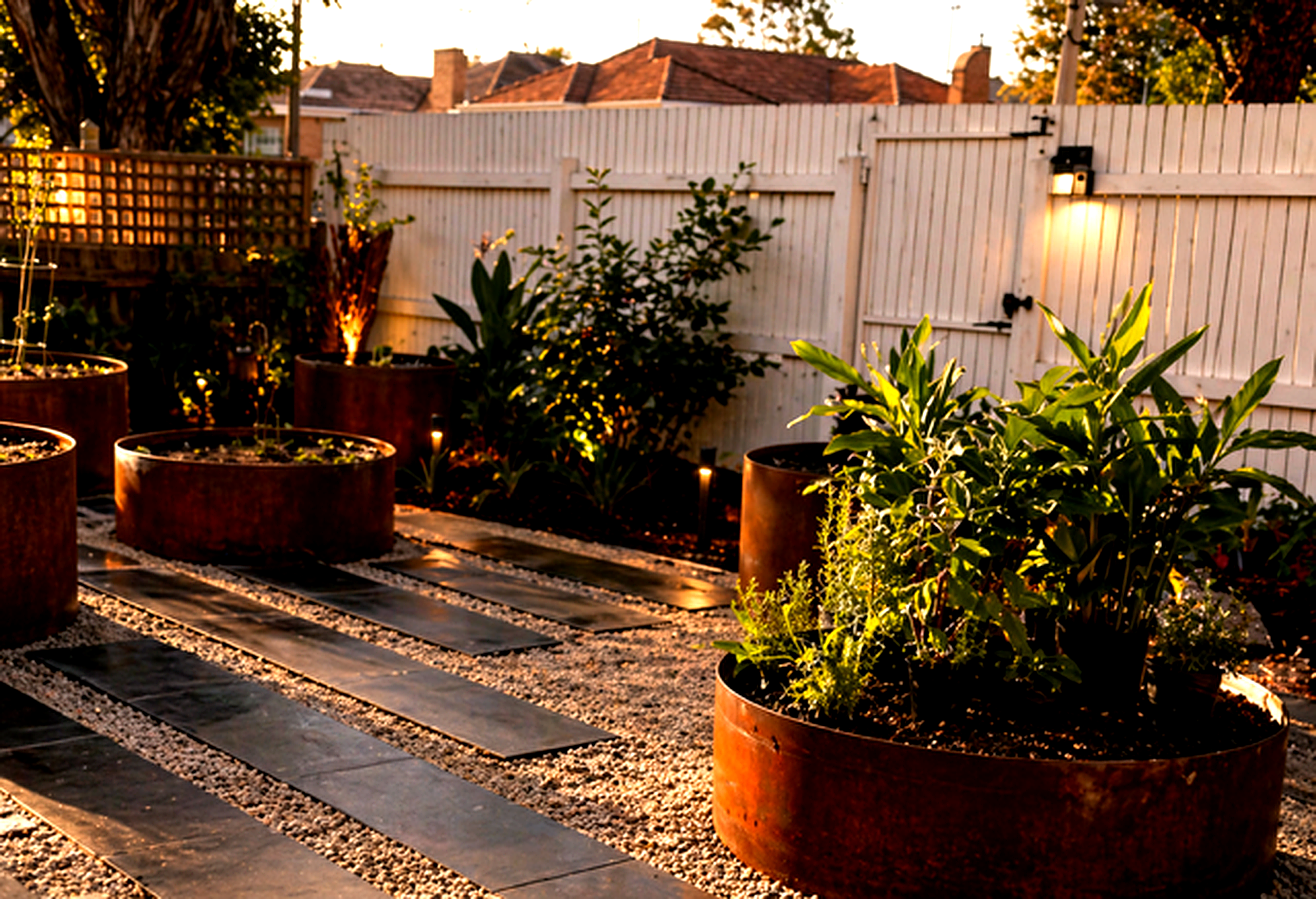 Formboss steel ring raised garden beds with bluestone steppers and gravel, Yarraville