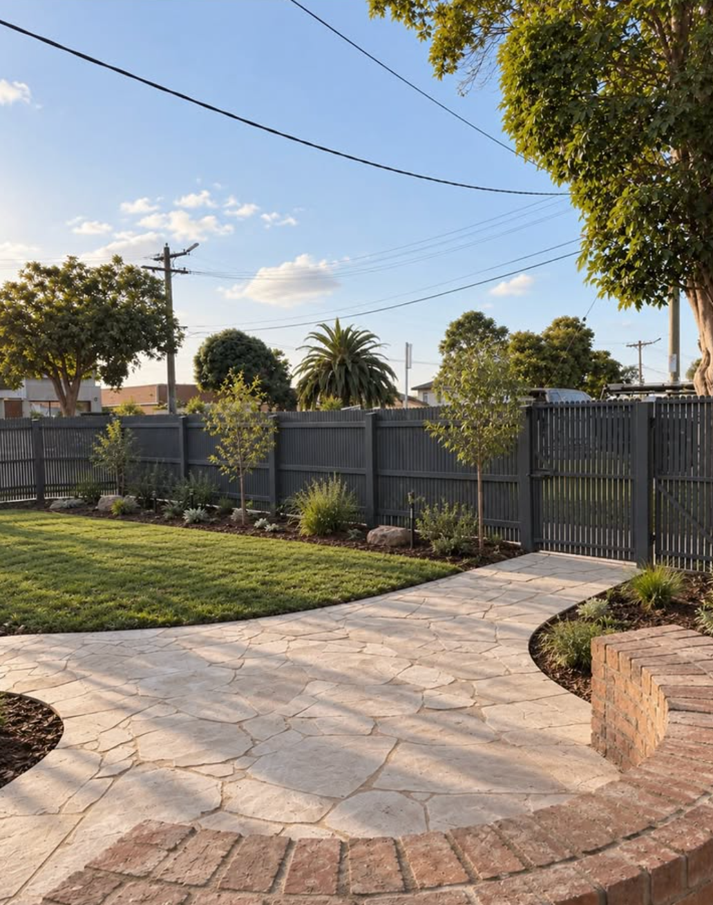 Thornbury backyard with hand-laid crazy paving path, curved brick bench, new turf, mulched garden beds and planting